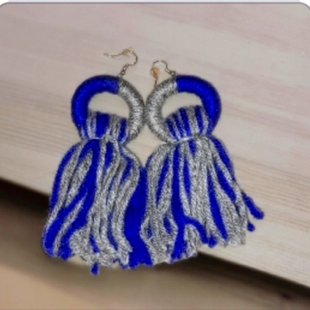 Blue and grey hoop handmade yarn tassle earrings